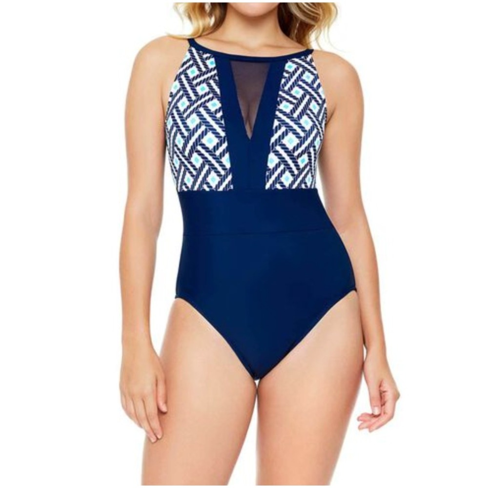 Swim Solutions One Piece Swimsuit 14 Navy Blue Tummy Control Beach Vacation